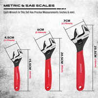 Adjustable Wrench Set Pipe Spanner: 6" 8" 10" Wide Jaw Black Oxide Wrench With Cushion Grip, Laser Marked Metric & SAE Scales, CR-V Steel for Professional