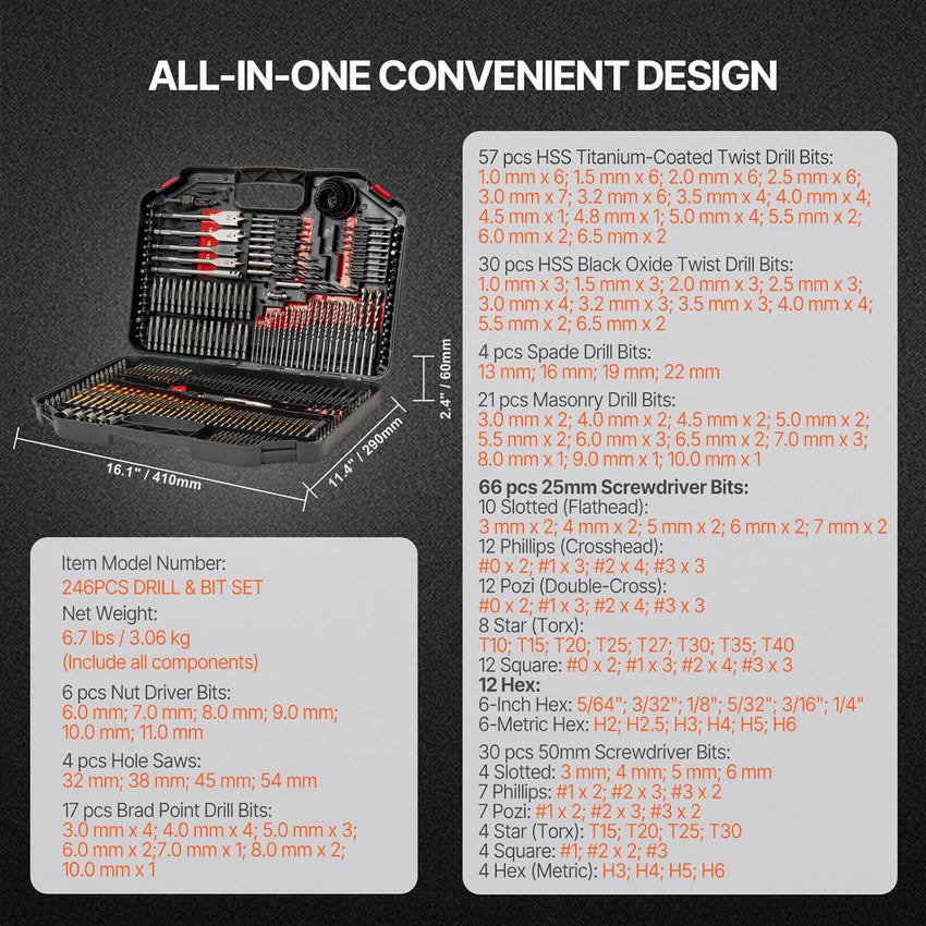 VEVOR Drill Bit Set, 246 Pieces Drill and Driver Bit Set, Screwdriver Bit Set Suitable for Wood Metal Cement Drilling and Screw Driving, Drill Bit Sets Combo Kit Assorted in Organized Carrying Case