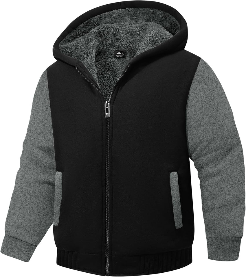 SWISSWELL Hooded Jacket for Boys Full Zip Ultra Soft Sherpa Fleece Hoodie Sweatshirt for Kids School Hooded Outerwear