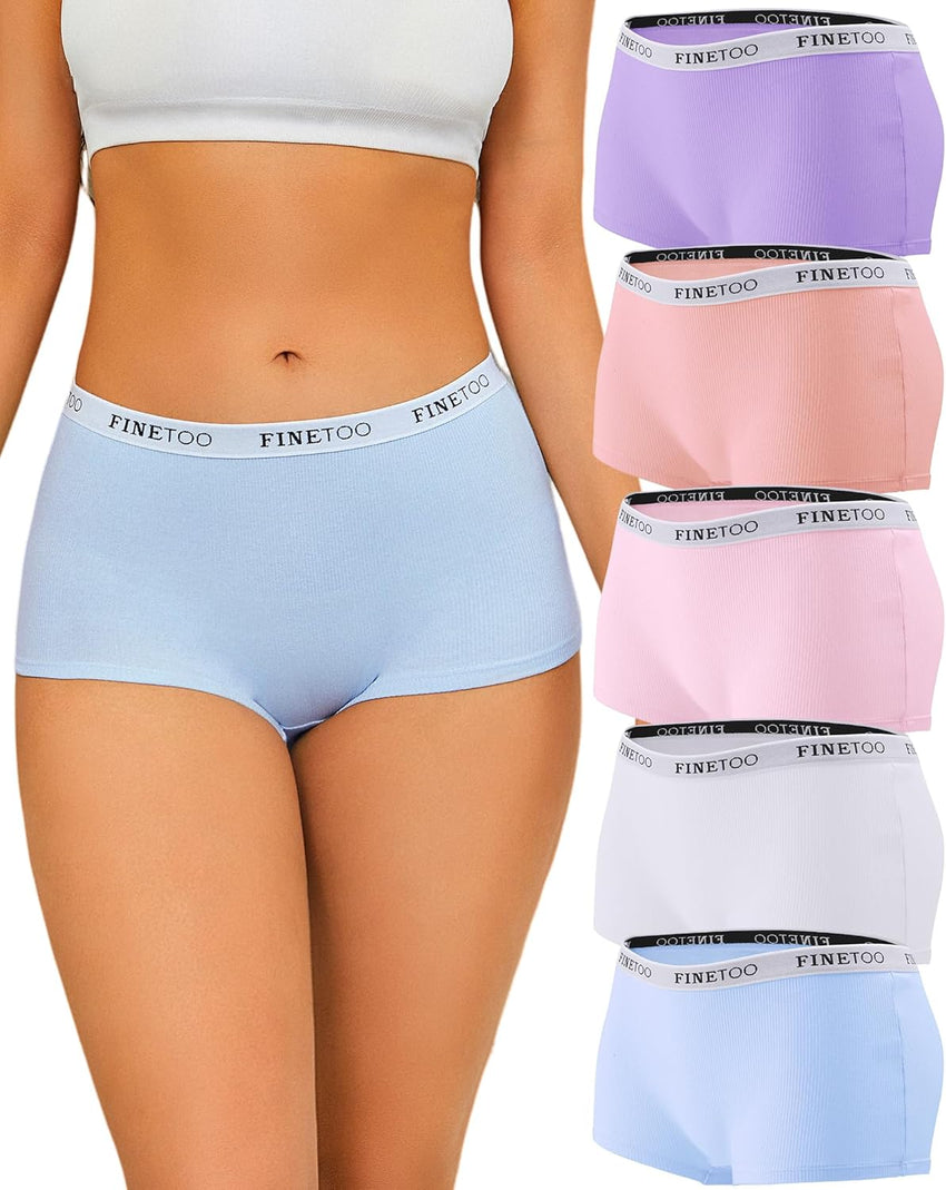 FINETOO Boyshort Underwear for Women Cotton Boxer Briefs Full Coverage Ladies BoyShorts Panties 5 Pack