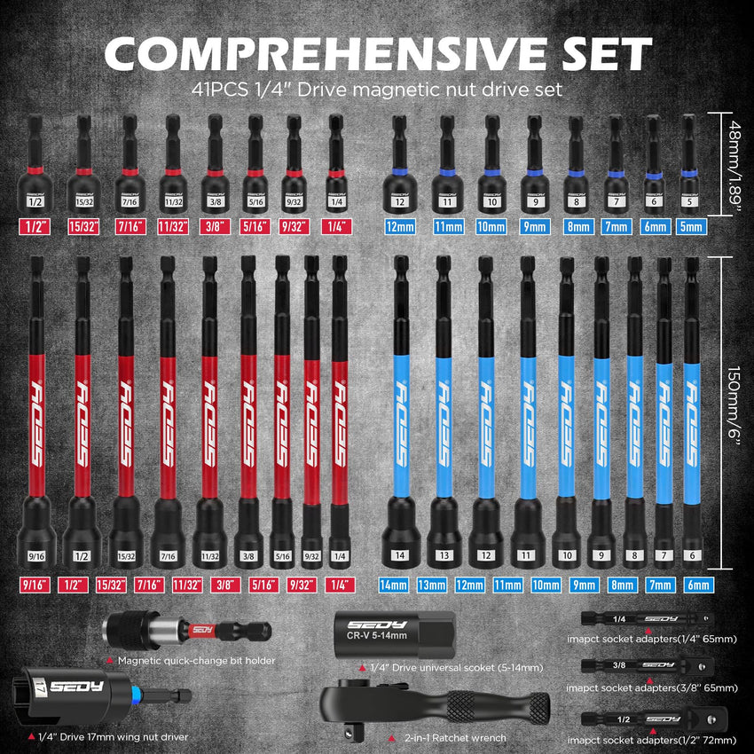 80-Piece Premium Magnetic Impact Nut Driver Set Metric & SAE with Socket Adapters, Bit Holder, Wing Nut Driver, Universal Sockets, Quick Release Extension, Power Bits