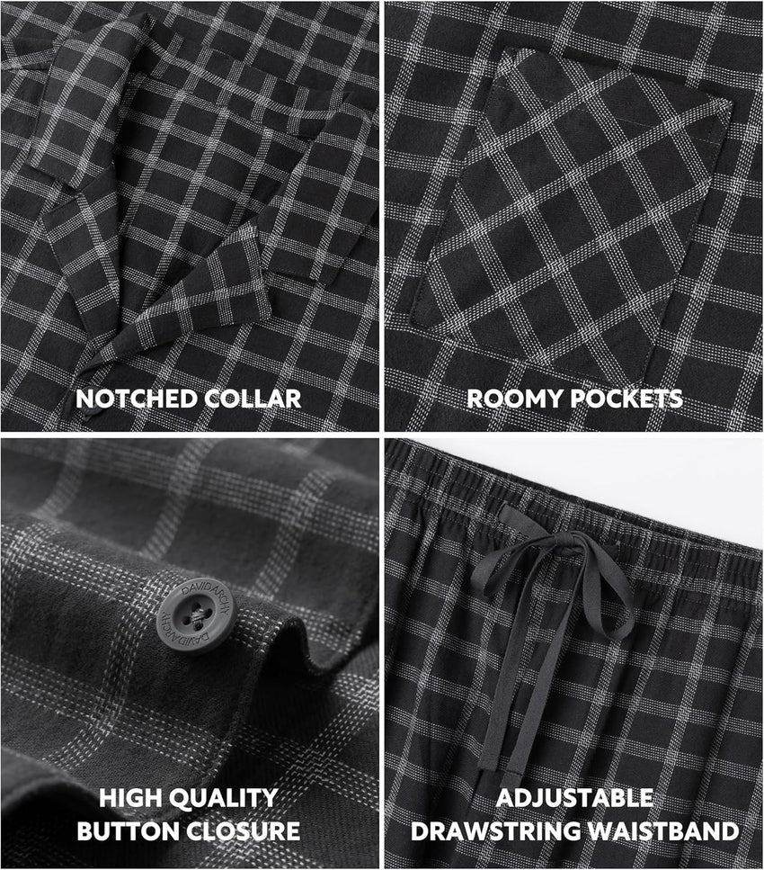 DAVID ARCHY Men's Pajamas Set Flannel Pjs Sets Ultra-Soft Cotton Pajamas for Men Classic Plaid Lounge Set with Roomy Pockets