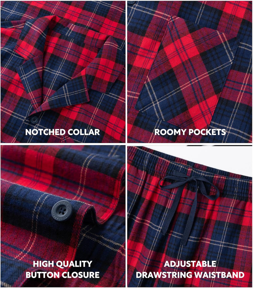 DAVID ARCHY Men's Pajamas Set Flannel Pjs Sets Ultra-Soft Cotton Pajamas for Men Classic Plaid Lounge Set with Roomy Pockets