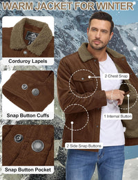 7DAY'S Men's Corduroy Jacket Fleece Sherpa Lined Winter Coats Warm Cotton Casual Trucker Cargo Jacket with Multi Pockets