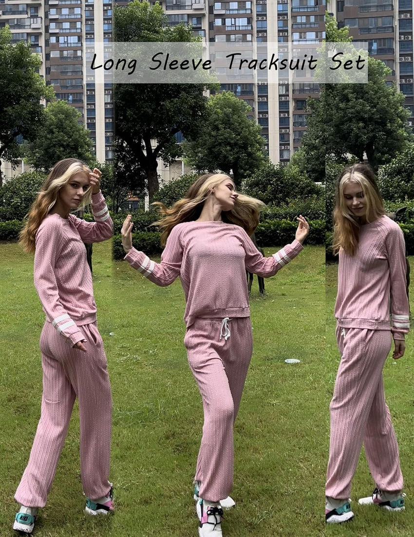Ekouaer Lounge Sets for Women Ribbed Knit Outfits Pajamas Sets 2 Piece Long Sleeve Sweatsuits with Pockets