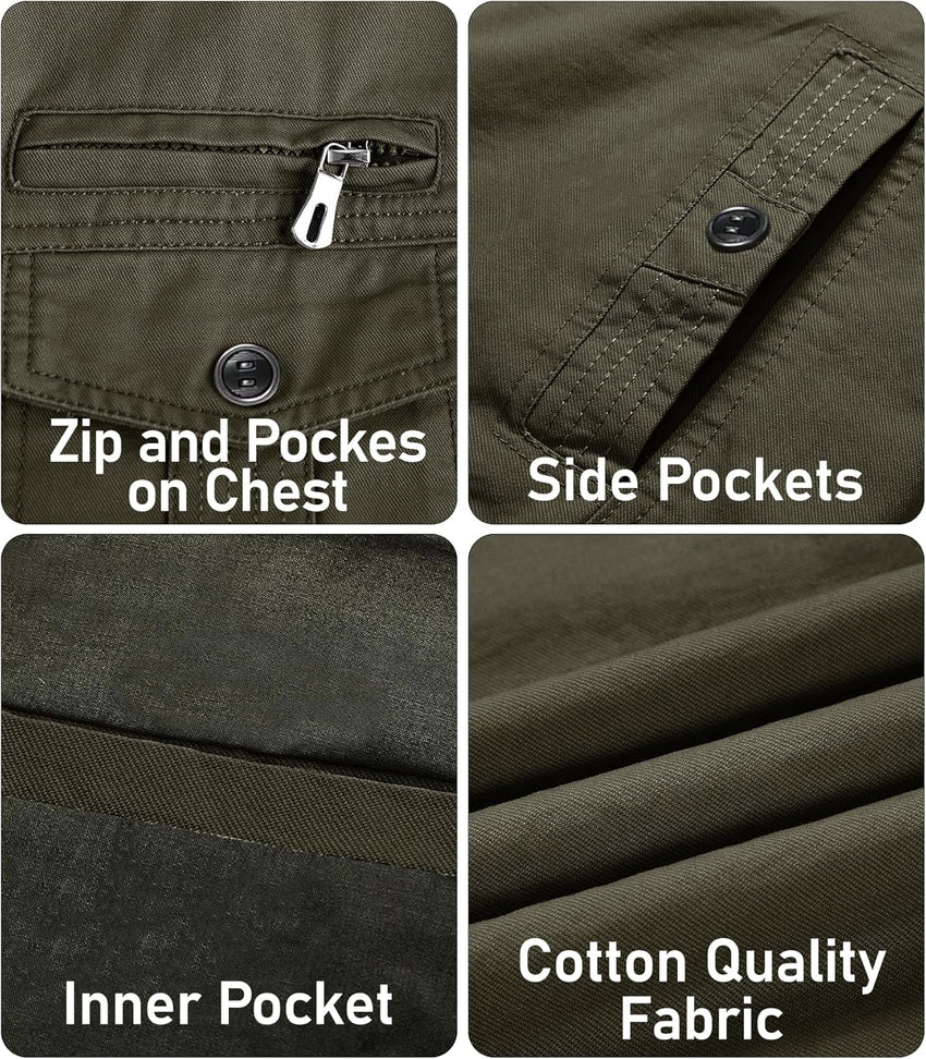 7DAY'S Men's Cotton Lightweight Multi Pockets Zip Front Stand Collar Military Jackets Windbreaker