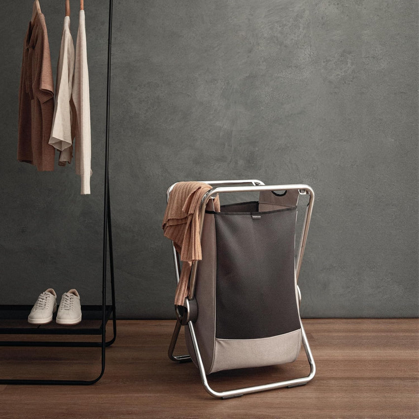 simplehuman single x-frame laundry hamper, 100% recycled polyester removable laundry baskets with easy carry handles, heavy-gauge steel frame, chrome, 65L