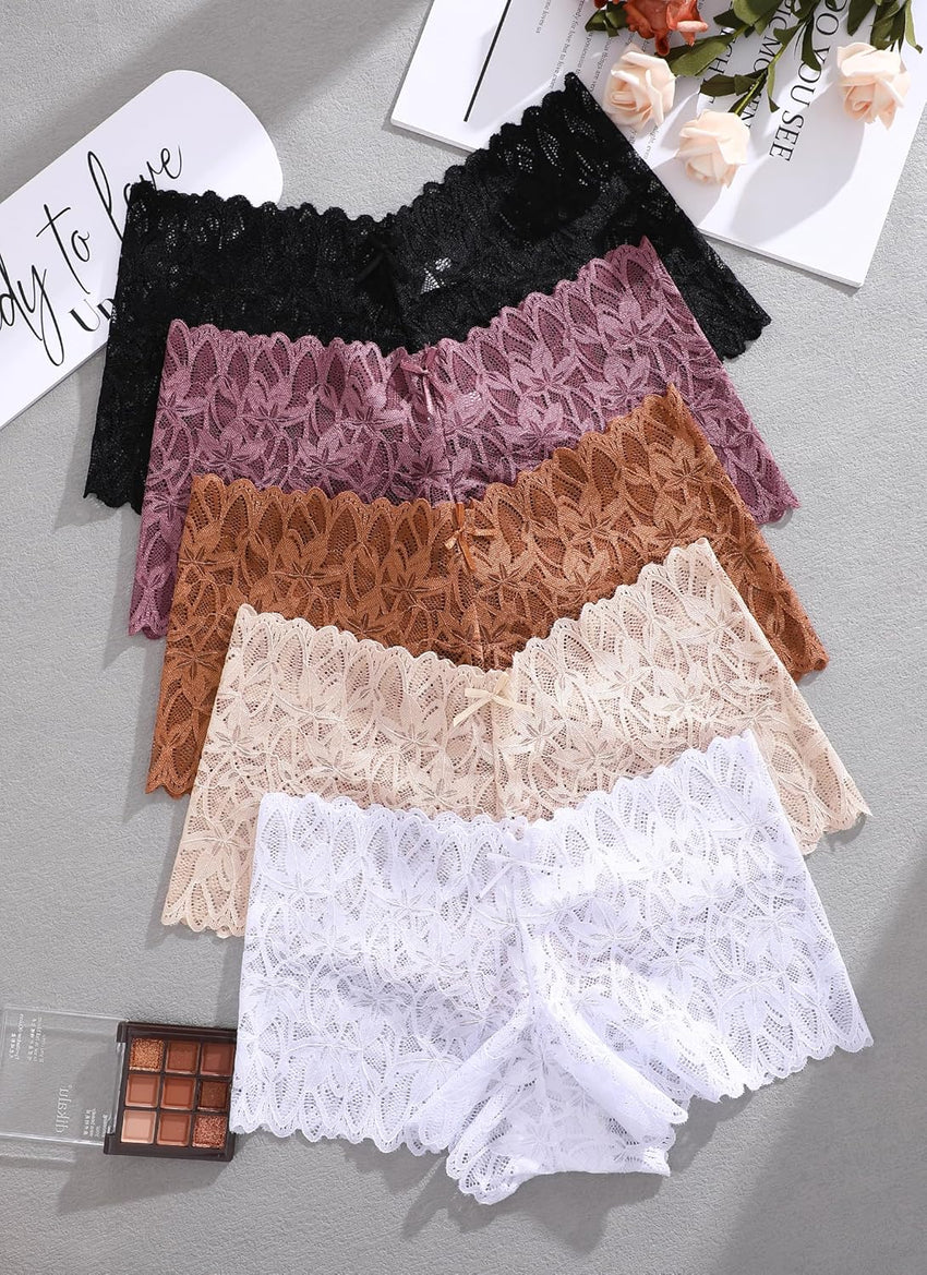 Sexy Women's Underwear Lace Shorts V Waist Breathable Cheeky Panties Boyshorts Underwear Women 5 Pack