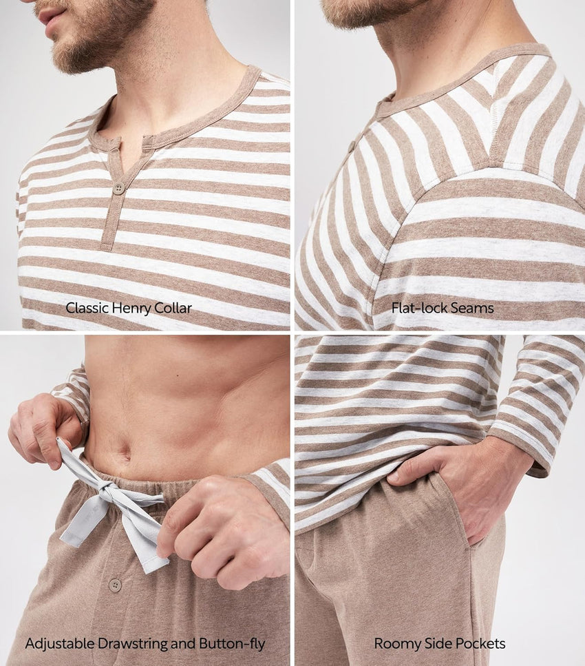 DAVID ARCHY Men's Pajamas Set Soft Cotton Long Sleeve Sleepwear Comfy Loungewear Pjs with Pockets