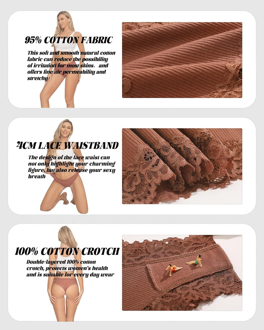 Sth Big Womens Cotton Underwear Sexy Lace Brazilian Panties Soft Breathable Cotton Bikini for Ladies 6 Pack