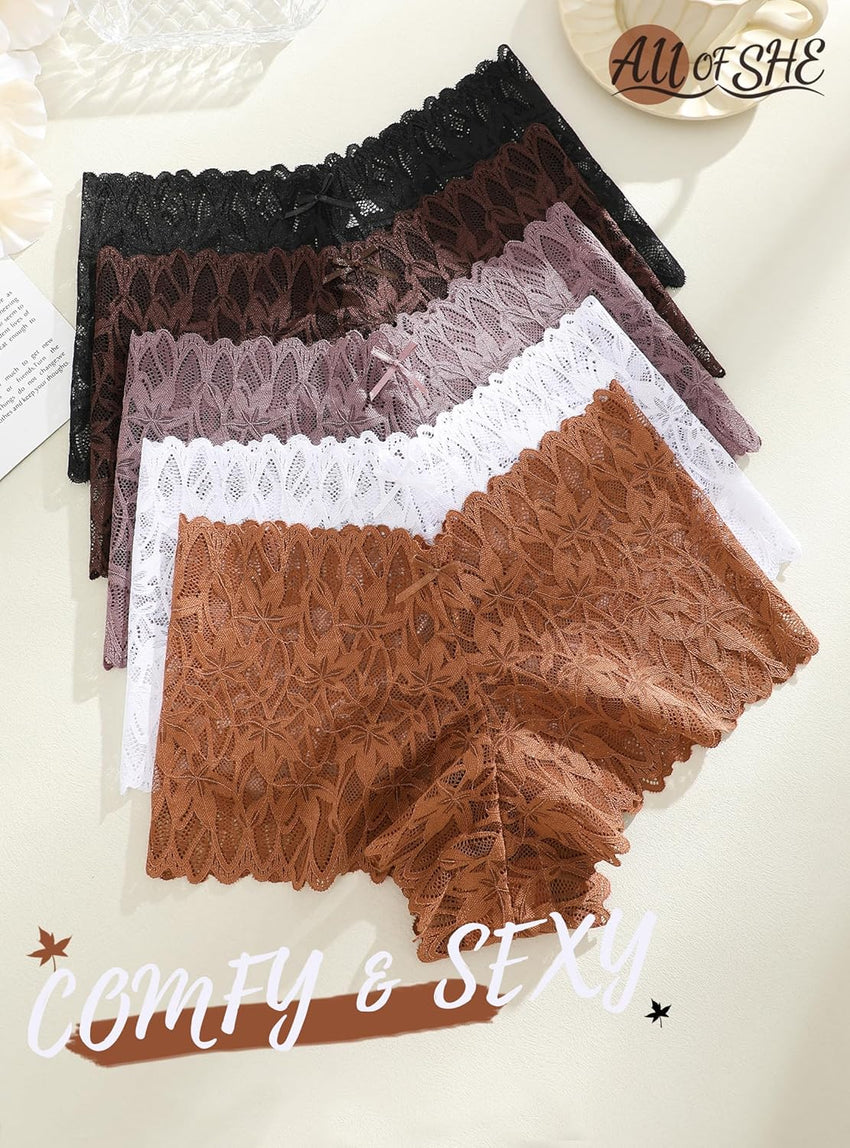 Sexy Underwear Panties for Women Cheeky V Waist Lace Boyshorts Plus Size Underwear Women 5 Pack