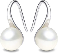 925 Sterling Silver Hoop Handpicked AAA+ Quality 7.5 - 8mm White Freshwater Cultured Pearl Dangle Drop Earrings Jewelry for Women Girls - 7DAY'S