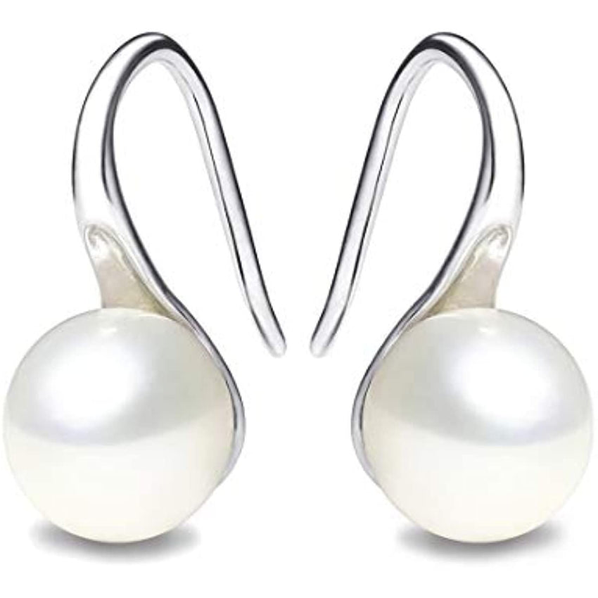 925 Sterling Silver Hoop Handpicked AAA+ Quality 7.5 - 8mm White Freshwater Cultured Pearl Dangle Drop Earrings Jewelry for Women Girls - 7DAY'S