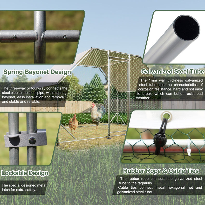 9.94 ft. x 6.46 ft. x 6.36 ft. Metal Large Chicken Coop Walk - in Poultry Cage Run Flat Shaped with Waterproof Cover - 7DAY'S