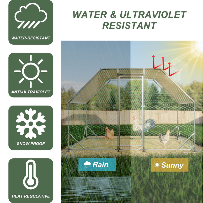 9.94 ft. x 6.46 ft. x 6.36 ft. Metal Large Chicken Coop Walk - in Poultry Cage Run Flat Shaped with Waterproof Cover - 7DAY'S