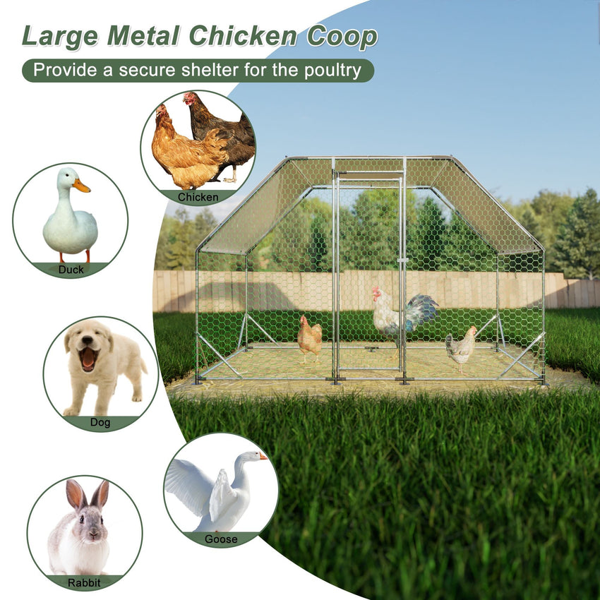 9.94 ft. x 6.46 ft. x 6.36 ft. Metal Large Chicken Coop Walk - in Poultry Cage Run Flat Shaped with Waterproof Cover - 7DAY'S
