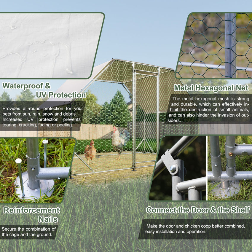 9.94 ft. x 6.46 ft. x 6.36 ft. Metal Large Chicken Coop Walk - in Poultry Cage Run Flat Shaped with Waterproof Cover - 7DAY'S