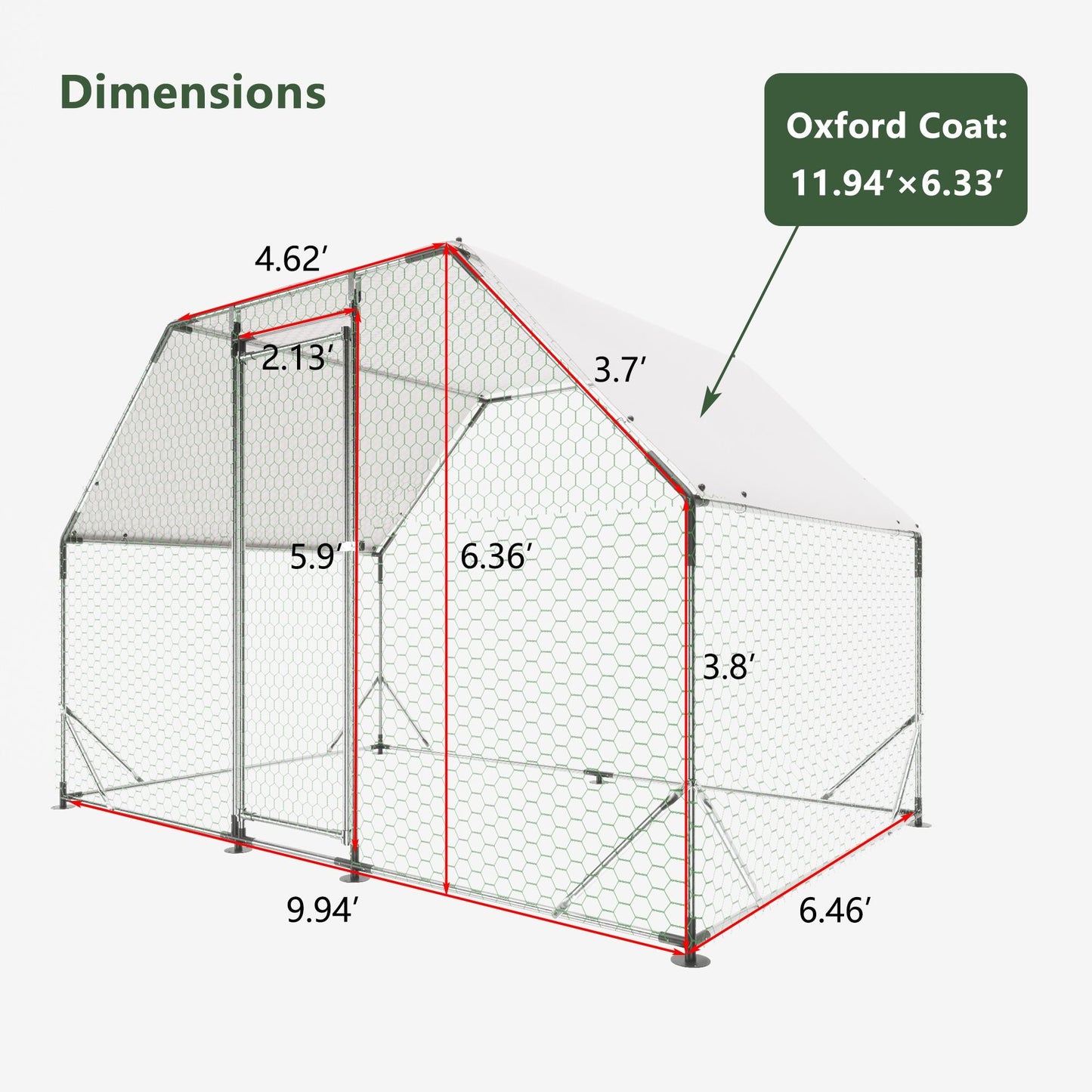 9.94 ft. x 6.46 ft. x 6.36 ft. Metal Large Chicken Coop Walk - in Poultry Cage Run Flat Shaped with Waterproof Cover - 7DAY'S