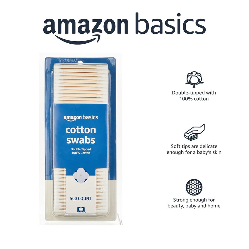 Amazon Basics Cotton Swabs for Personal Hygiene and Baby Care, 500 Count, 1 Pack - 7DAY'S