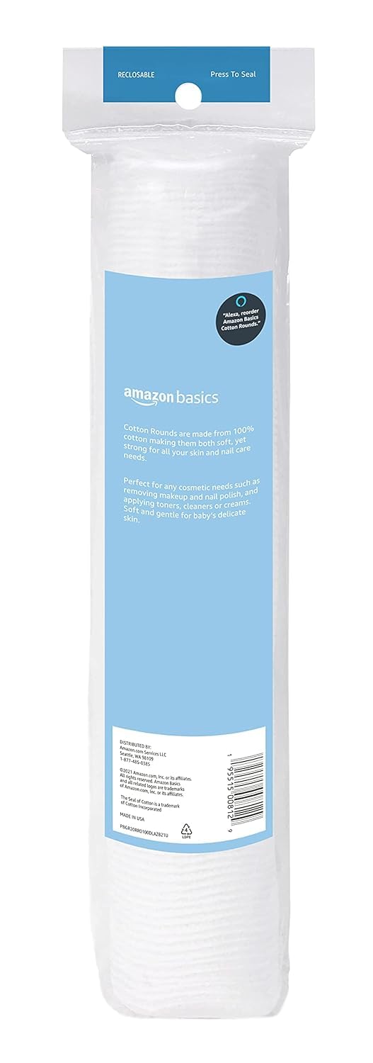Amazon Basics Hypoallergenic 100% Cotton Rounds for Makeup Removal and Skincare, 100 Count, 1 Pack - 7DAY'S