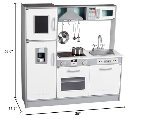 Amazon Basics Kids Corner Wooden Kitchen Toy Playset with Stove, Oven, Sink, Fridge and Accessories, for Toddlers, Preschoolers, Children Age 3+ Years, White & Gray, 39.37"L x 28.35"W x 35.04"H - 7DAY'S