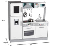 Amazon Basics Kids Corner Wooden Kitchen Toy Playset with Stove, Oven, Sink, Fridge and Accessories, for Toddlers, Preschoolers, Children Age 3+ Years, White & Gray, 39.37"L x 28.35"W x 35.04"H - 7DAY'S