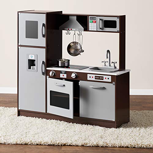 Amazon Basics Kids Corner Wooden Kitchen Toy Playset with Stove, Oven, Sink, Fridge and Accessories, for Toddlers, Preschoolers, Children Age 3+ Years, White & Gray, 39.37"L x 28.35"W x 35.04"H - 7DAY'S