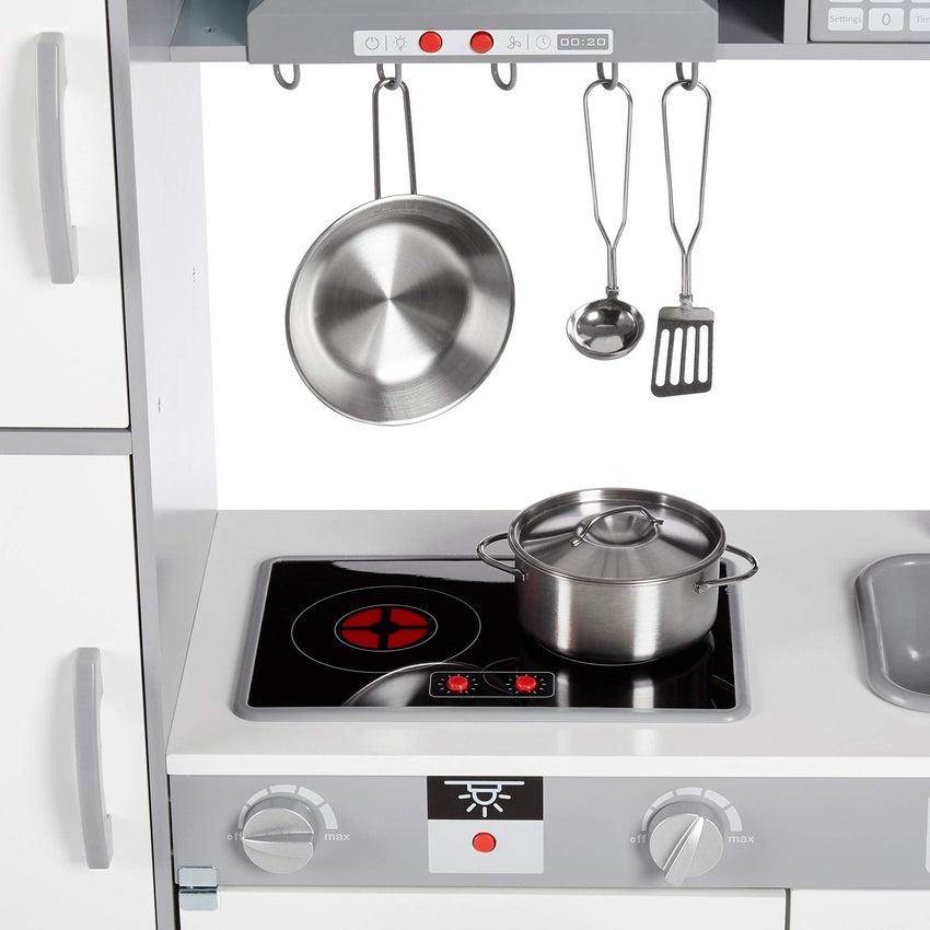 Amazon Basics Kids Corner Wooden Kitchen Toy Playset with Stove, Oven, Sink, Fridge and Accessories, for Toddlers, Preschoolers, Children Age 3+ Years, White & Gray, 39.37"L x 28.35"W x 35.04"H - 7DAY'S