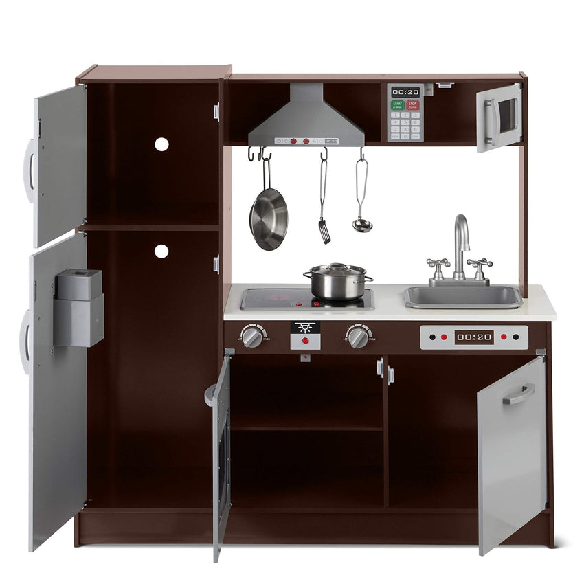 Amazon Basics Kids Corner Wooden Kitchen Toy Playset with Stove, Oven, Sink, Fridge and Accessories, for Toddlers, Preschoolers, Children Age 3+ Years, White & Gray, 39.37"L x 28.35"W x 35.04"H - 7DAY'S