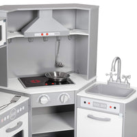 Amazon Basics Kids Corner Wooden Kitchen Toy Playset with Stove, Oven, Sink, Fridge and Accessories, for Toddlers, Preschoolers, Children Age 3+ Years, White & Gray, 39.37"L x 28.35"W x 35.04"H - 7DAY'S