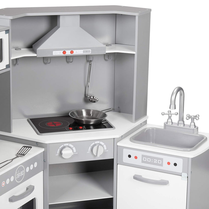 Amazon Basics Kids Corner Wooden Kitchen Toy Playset with Stove, Oven, Sink, Fridge and Accessories, for Toddlers, Preschoolers, Children Age 3+ Years, White & Gray, 39.37"L x 28.35"W x 35.04"H - 7DAY'S