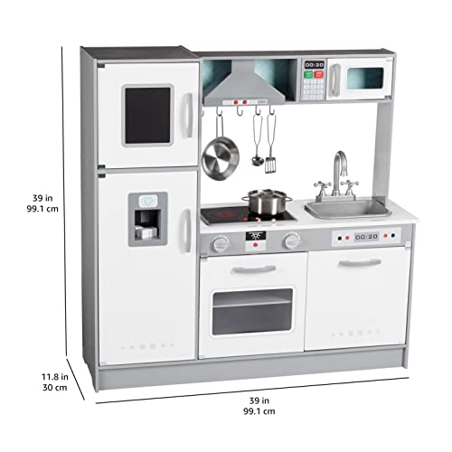 Amazon Basics Kids Corner Wooden Kitchen Toy Playset with Stove, Oven, Sink, Fridge and Accessories, for Toddlers, Preschoolers, Children Age 3+ Years, White & Gray, 39.37"L x 28.35"W x 35.04"H - 7DAY'S