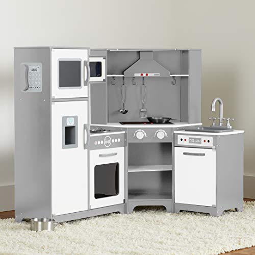 Amazon Basics Kids Corner Wooden Kitchen Toy Playset with Stove, Oven, Sink, Fridge and Accessories, for Toddlers, Preschoolers, Children Age 3+ Years, White & Gray, 39.37"L x 28.35"W x 35.04"H - 7DAY'S