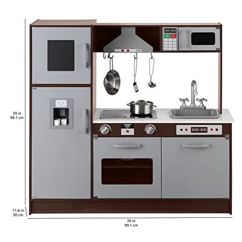 Amazon Basics Kids Corner Wooden Kitchen Toy Playset with Stove, Oven, Sink, Fridge and Accessories, for Toddlers, Preschoolers, Children Age 3+ Years, White & Gray, 39.37"L x 28.35"W x 35.04"H - 7DAY'S
