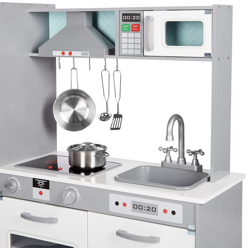 Amazon Basics Kids Corner Wooden Kitchen Toy Playset with Stove, Oven, Sink, Fridge and Accessories, for Toddlers, Preschoolers, Children Age 3+ Years, White & Gray, 39.37"L x 28.35"W x 35.04"H - 7DAY'S