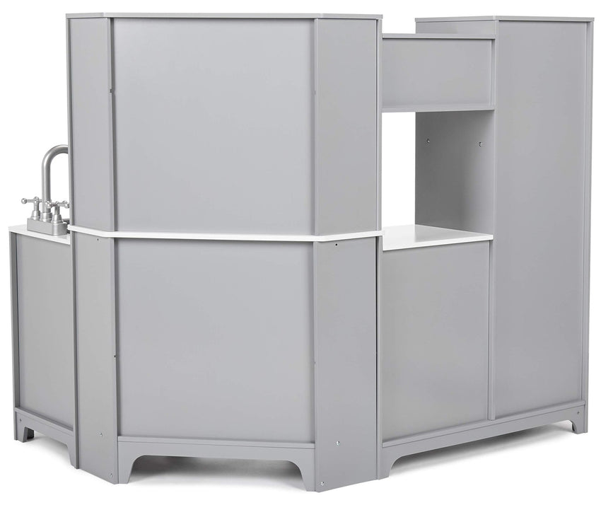 Amazon Basics Kids Corner Wooden Kitchen Toy Playset with Stove, Oven, Sink, Fridge and Accessories, for Toddlers, Preschoolers, Children Age 3+ Years, White & Gray, 39.37"L x 28.35"W x 35.04"H - 7DAY'S