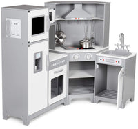 Amazon Basics Kids Corner Wooden Kitchen Toy Playset with Stove, Oven, Sink, Fridge and Accessories, for Toddlers, Preschoolers, Children Age 3+ Years, White & Gray, 39.37"L x 28.35"W x 35.04"H - 7DAY'S