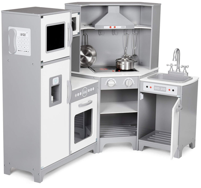 Amazon Basics Kids Corner Wooden Kitchen Toy Playset with Stove, Oven, Sink, Fridge and Accessories, for Toddlers, Preschoolers, Children Age 3+ Years, White & Gray, 39.37"L x 28.35"W x 35.04"H - 7DAY'S