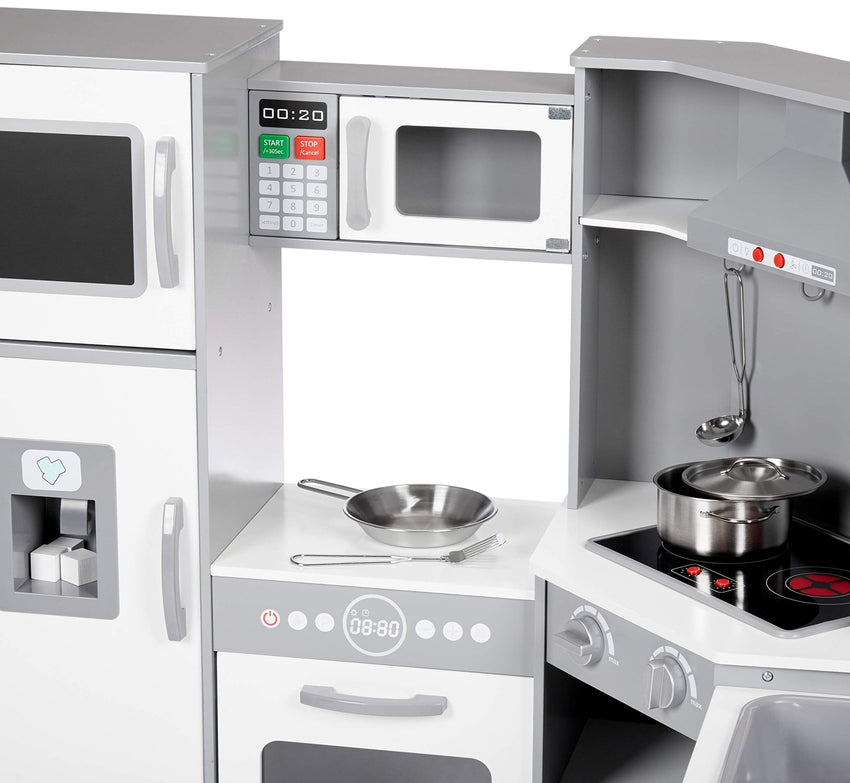 Amazon Basics Kids Corner Wooden Kitchen Toy Playset with Stove, Oven, Sink, Fridge and Accessories, for Toddlers, Preschoolers, Children Age 3+ Years, White & Gray, 39.37"L x 28.35"W x 35.04"H - 7DAY'S