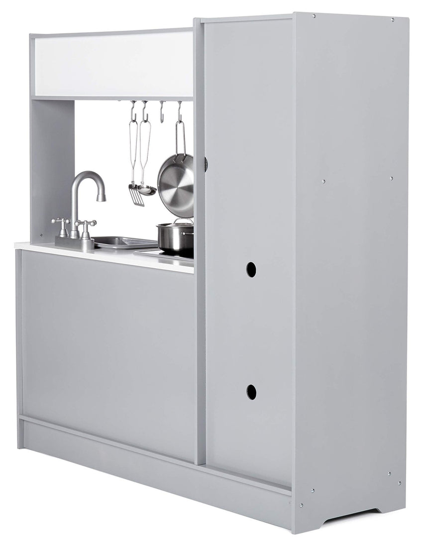 Amazon Basics Kids Corner Wooden Kitchen Toy Playset with Stove, Oven, Sink, Fridge and Accessories, for Toddlers, Preschoolers, Children Age 3+ Years, White & Gray, 39.37"L x 28.35"W x 35.04"H - 7DAY'S