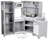 Amazon Basics Kids Corner Wooden Kitchen Toy Playset with Stove, Oven, Sink, Fridge and Accessories, for Toddlers, Preschoolers, Children Age 3+ Years, White & Gray, 39.37"L x 28.35"W x 35.04"H - 7DAY'S