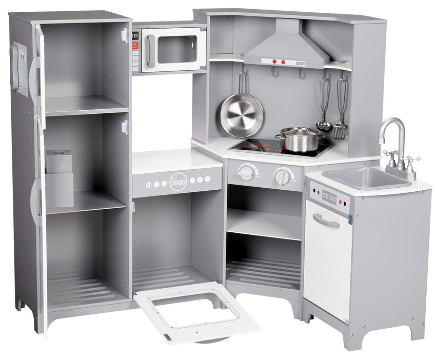 Amazon Basics Kids Corner Wooden Kitchen Toy Playset with Stove, Oven, Sink, Fridge and Accessories, for Toddlers, Preschoolers, Children Age 3+ Years, White & Gray, 39.37"L x 28.35"W x 35.04"H - 7DAY'S