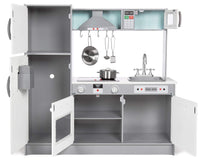 Amazon Basics Kids Corner Wooden Kitchen Toy Playset with Stove, Oven, Sink, Fridge and Accessories, for Toddlers, Preschoolers, Children Age 3+ Years, White & Gray, 39.37"L x 28.35"W x 35.04"H - 7DAY'S