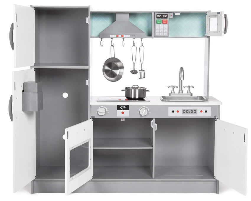 Amazon Basics Kids Corner Wooden Kitchen Toy Playset with Stove, Oven, Sink, Fridge and Accessories, for Toddlers, Preschoolers, Children Age 3+ Years, White & Gray, 39.37"L x 28.35"W x 35.04"H - 7DAY'S