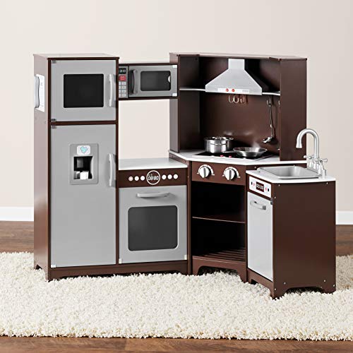 Amazon Basics Kids Corner Wooden Kitchen Toy Playset with Stove, Oven, Sink, Fridge and Accessories, for Toddlers, Preschoolers, Children Age 3+ Years, White & Gray, 39.37"L x 28.35"W x 35.04"H - 7DAY'S