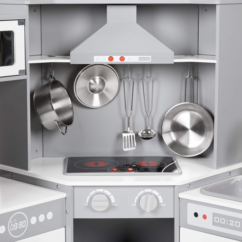 Amazon Basics Kids Corner Wooden Kitchen Toy Playset with Stove, Oven, Sink, Fridge and Accessories, for Toddlers, Preschoolers, Children Age 3+ Years, White & Gray, 39.37"L x 28.35"W x 35.04"H - 7DAY'S