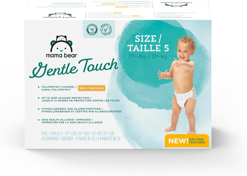 Amazon Brand - Mama Bear Gentle Touch Diapers, Size 5, 132 Count (4 packs of 33) - 7DAY'S