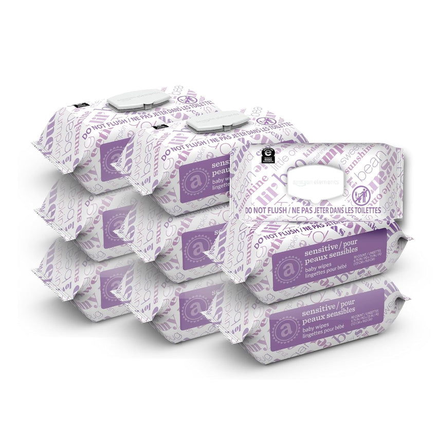 Amazon Elements Baby Wipes, Sensitive, 810 Count, Flip - Top Packs, Pack of 9 - 7DAY'S
