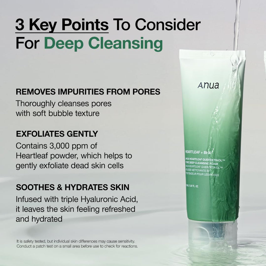 ANUA Heartleaf Quercetinol Pore Deep Cleansing Foam, Facial Cleanser, for Double Cleansing, BHA, Hyaluronic Acid, Glycerin, Face Wash, Blackhead Remover, Korean Skincare (150ml/5.07 fl.oz.) - 7DAY'S