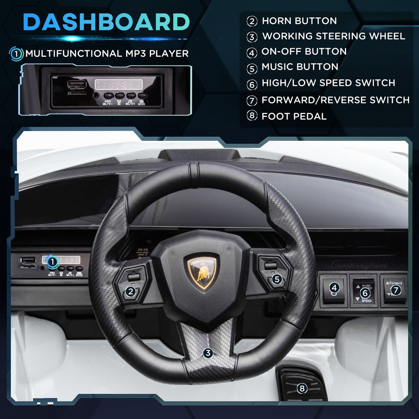 Aosom Lamborghini SIAN Licensed Kids Ride On Car, 12V Battery Powered Electric Sports Car Toy with Remote Control, Horn, Music, & Headlights, White - 7DAY'S